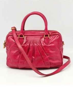 Miu Miu Pink Leather Top Handle Bag Crossbody Satchel w/ Strap Soft Pleated